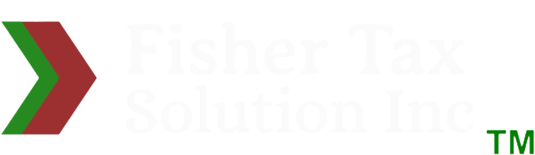FisherTax-logo-light Logo for Fisher Tax Solution Inc featuring a red and green chevron on the left, with the company name in white text and a green "TM" symbol in the bottom right corner.